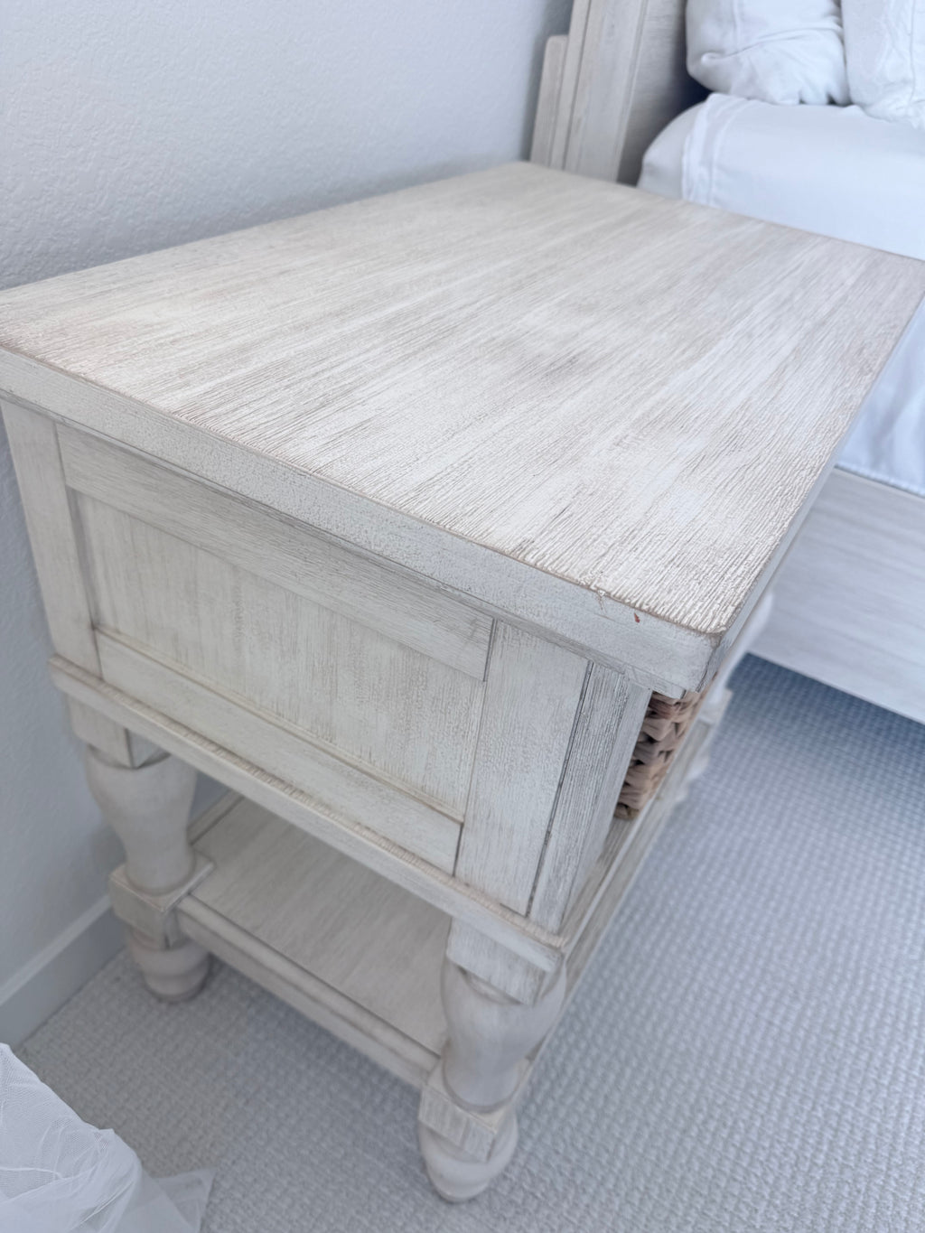Distressed Light Wood Open-Shelf Nightstand with Woven Basket