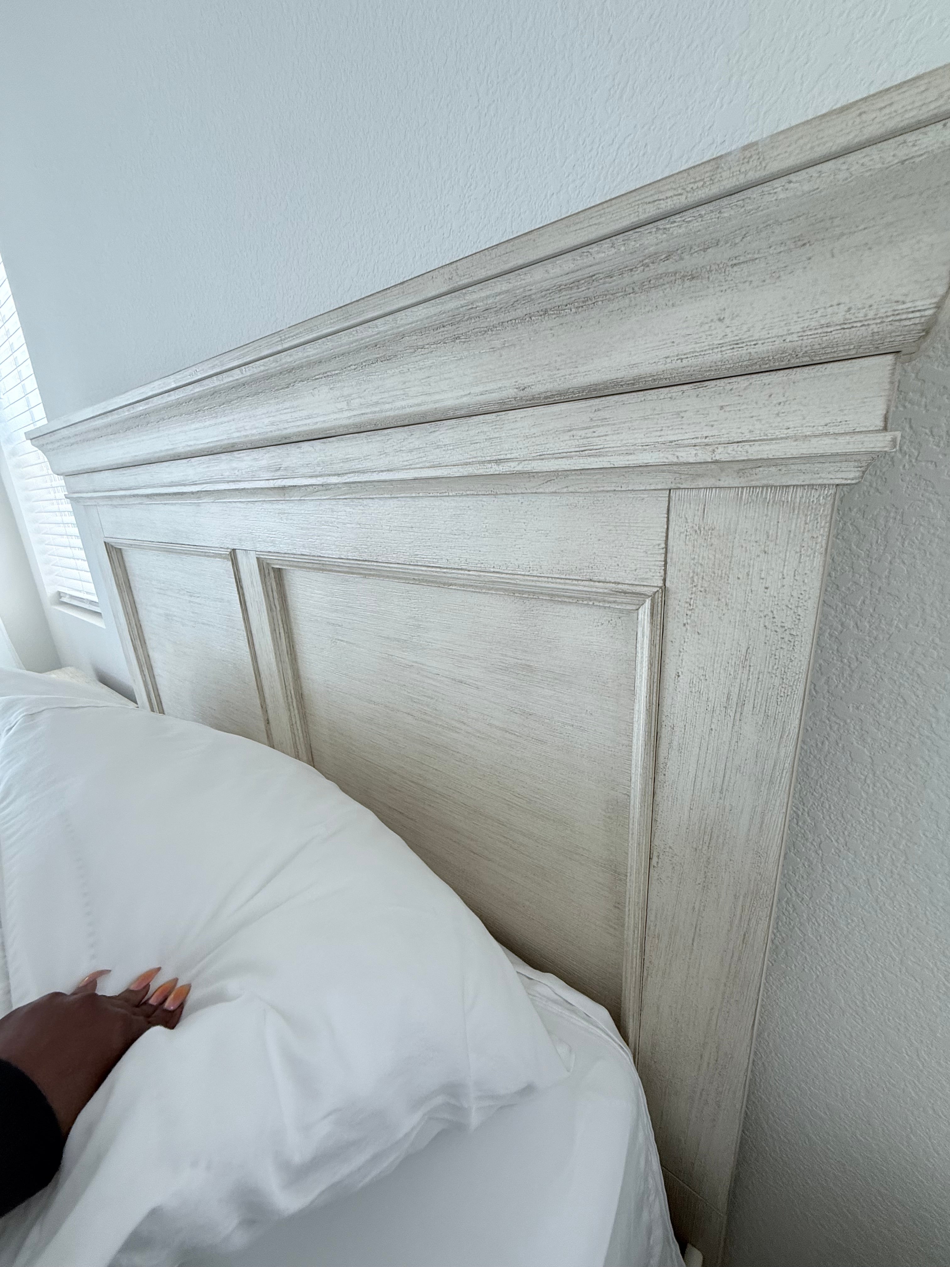Queen Size- Distressed Light Wood Panel Bed Frame with Headboard & Footboard
