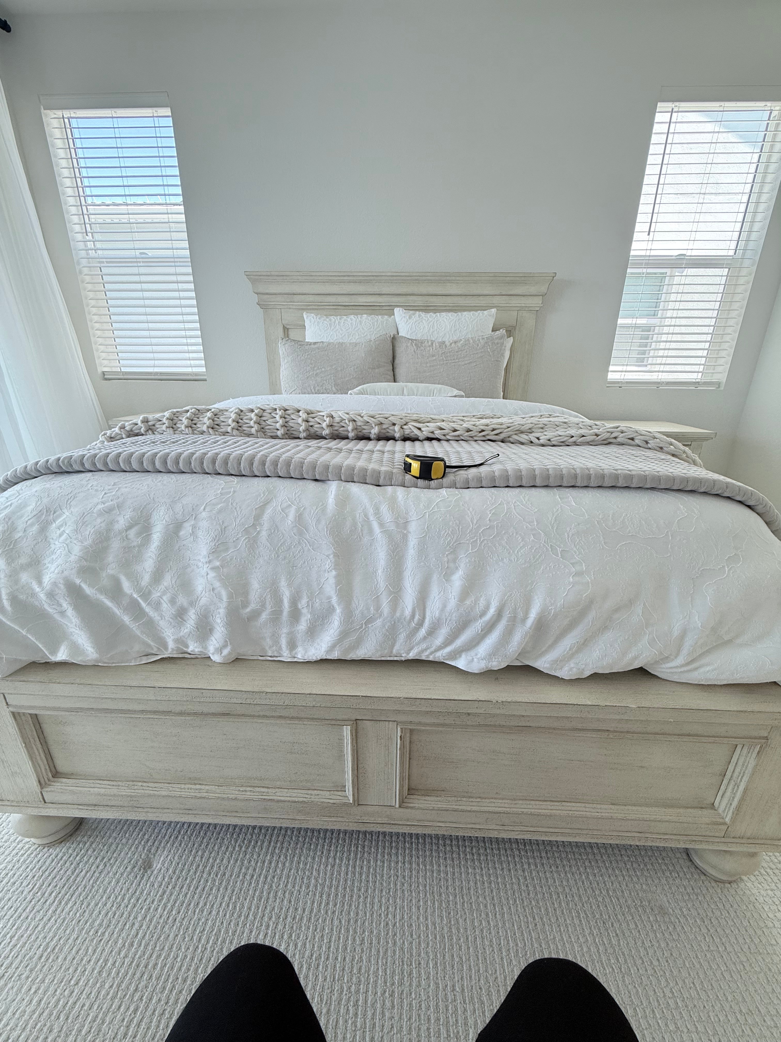 Queen Size- Distressed Light Wood Panel Bed Frame with Headboard & Footboard