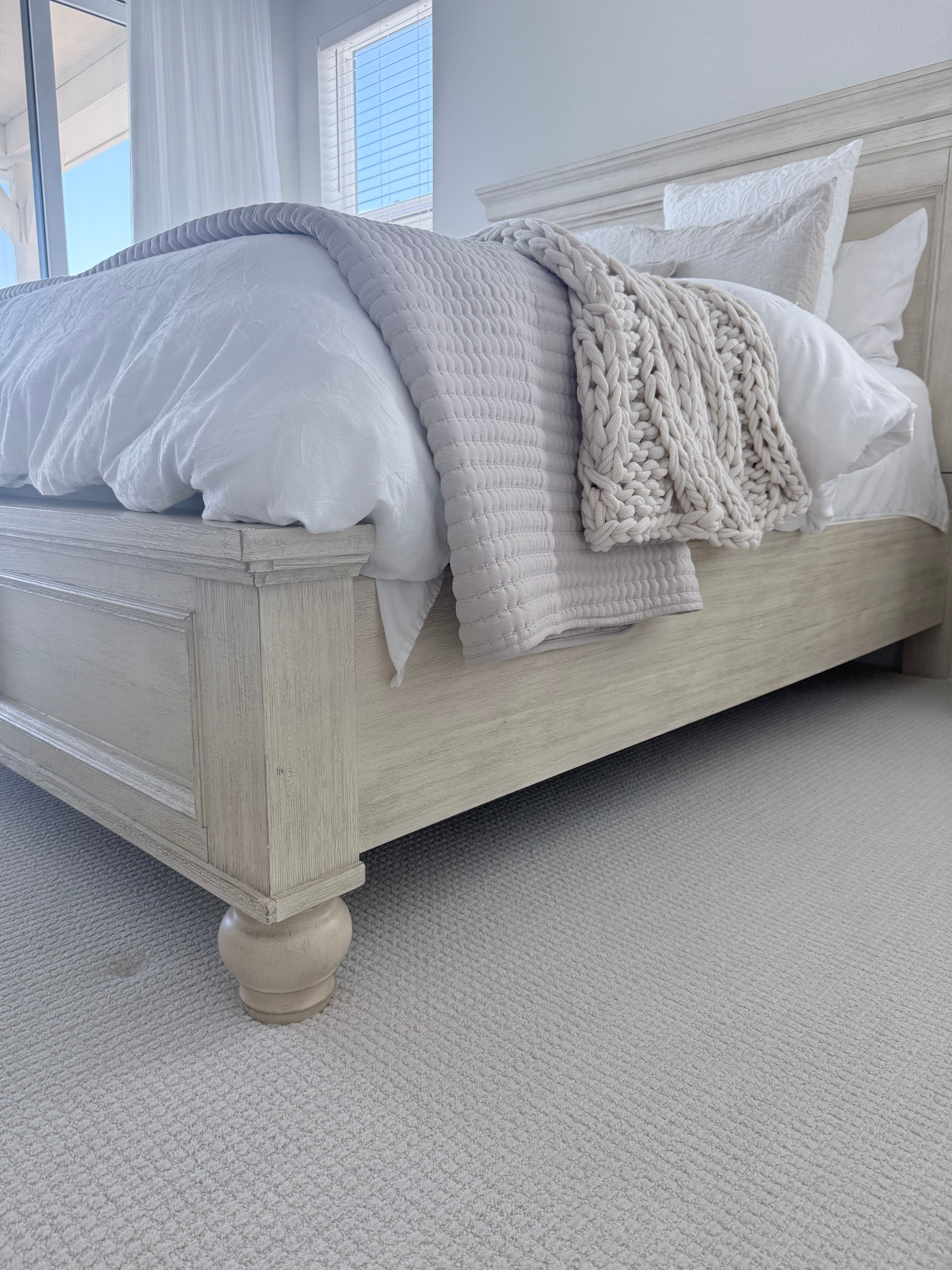 Queen Size- Distressed Light Wood Panel Bed Frame with Headboard & Footboard