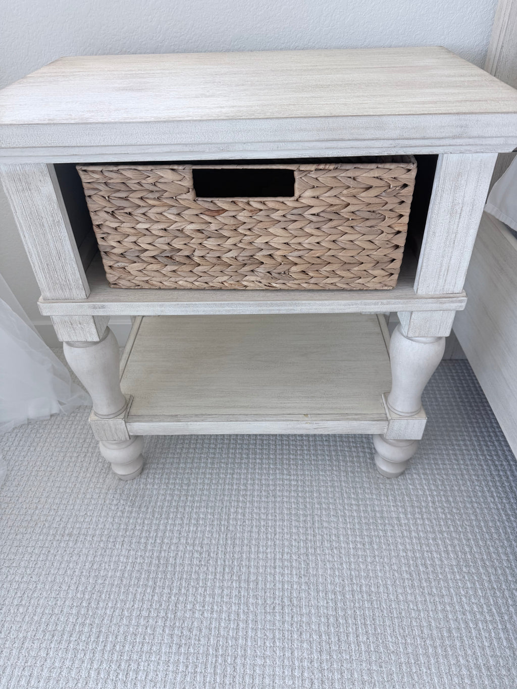 Distressed Light Wood Open-Shelf Nightstand with Woven Basket