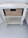 Distressed Light Wood Open-Shelf Nightstand with Woven Basket