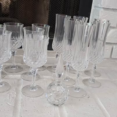Crystal Cut Glass Stemware Set with Champagne Flutes, Goblets & Bud Vase