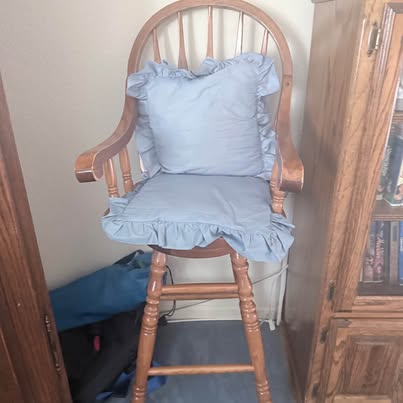 2- Solid Oak Swivel Bar Stool with Blue Cushions