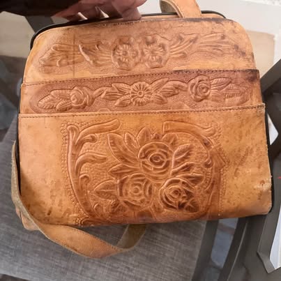 Vintage Hand-Tooled Leather Crossbody Purse with Aztec Calendar Design