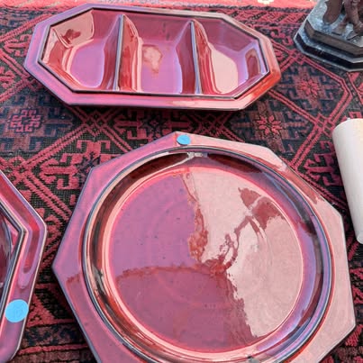 Pink lacquer serving tray and divided dish set