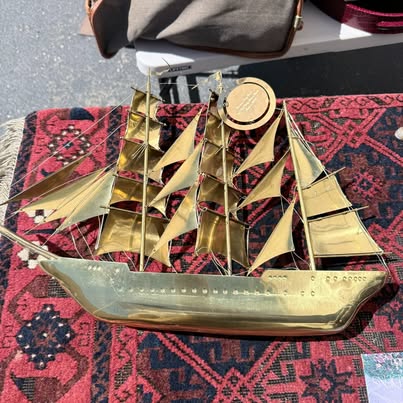 Vintage Solid Brass Tall Sailing Ship Sculpture – Handcrafted Nautical Clipper Ship Decor