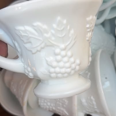 White Milk Glass Cups Grape Design