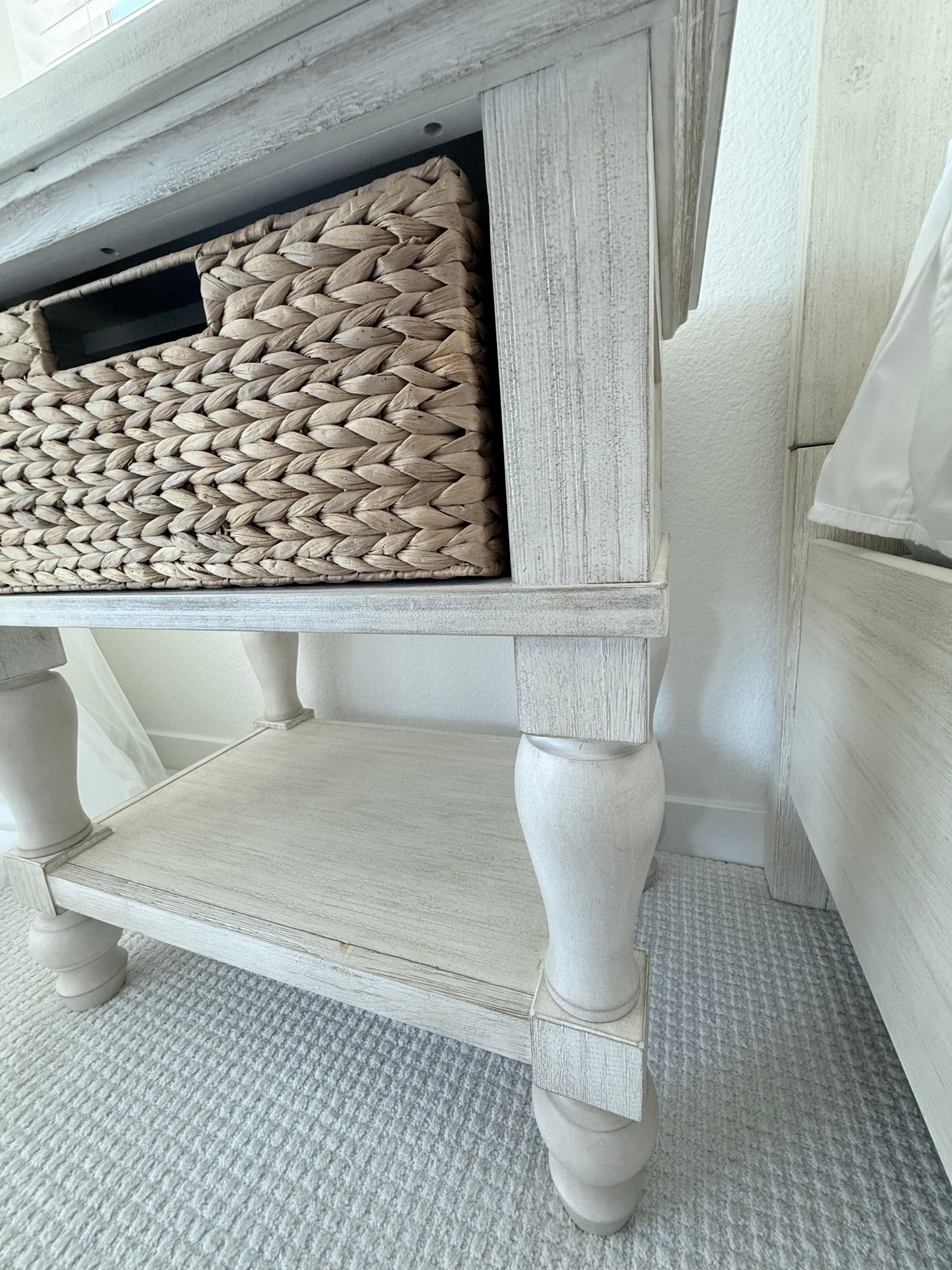 Distressed Light Wood Open-Shelf Nightstand with Woven Basket