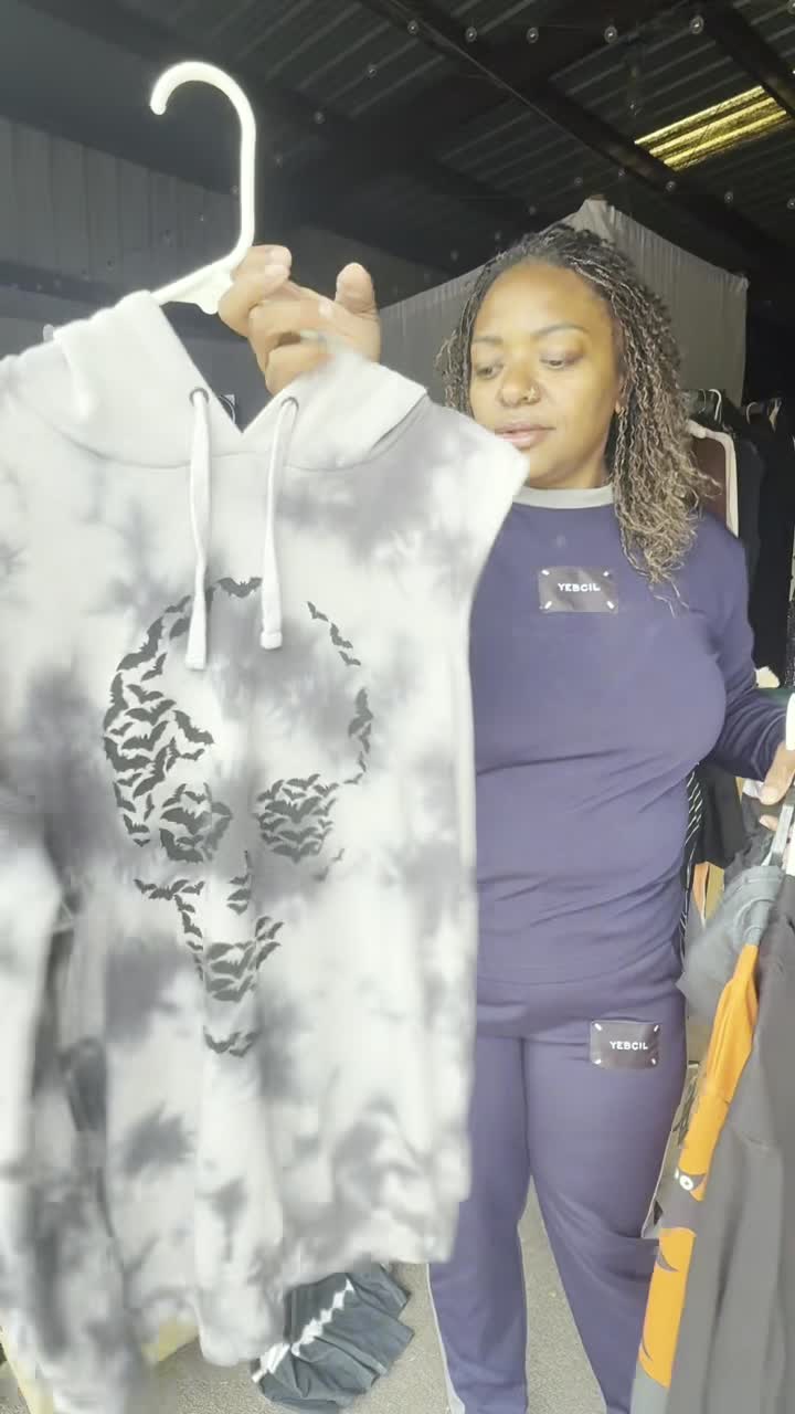 Gray Tie-Dye Bat Skull Hoodie